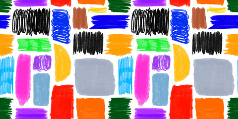 Colorful children pencil doodle seamless pattern illustration. Childish freehand scribble and hand drawn crayon shapes background.