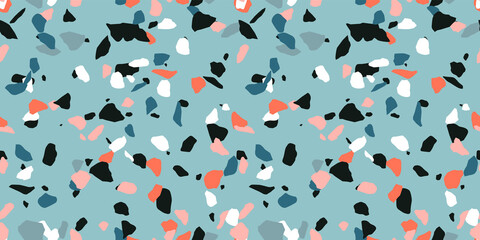 Terrazzo flooring seamless pattern with colorful marble rocks. Classic interior material background of mosaic stone. Trendy fashion print wallpaper for textile project or web backdrop.