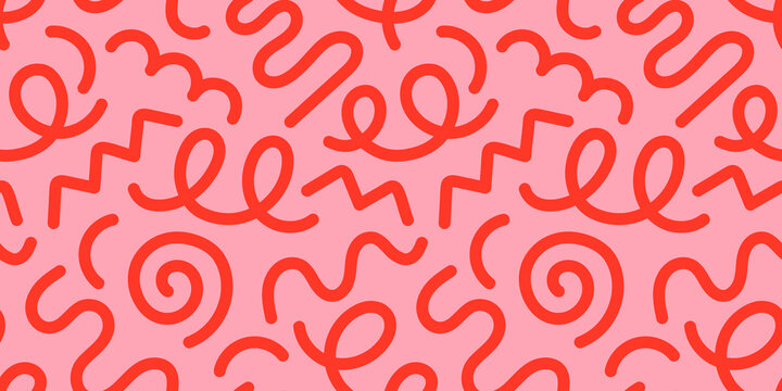 Fun red line doodle seamless pattern. Creative minimalist style art background for children or trendy design with basic shapes. Simple childish scribble backdrop.