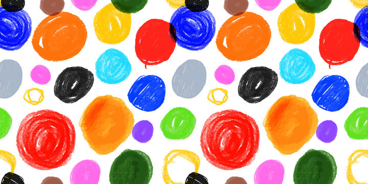 Colorful circle pencil doodle seamless pattern illustration. Childish polka dot freehand scribble and hand drawn crayon shapes background.