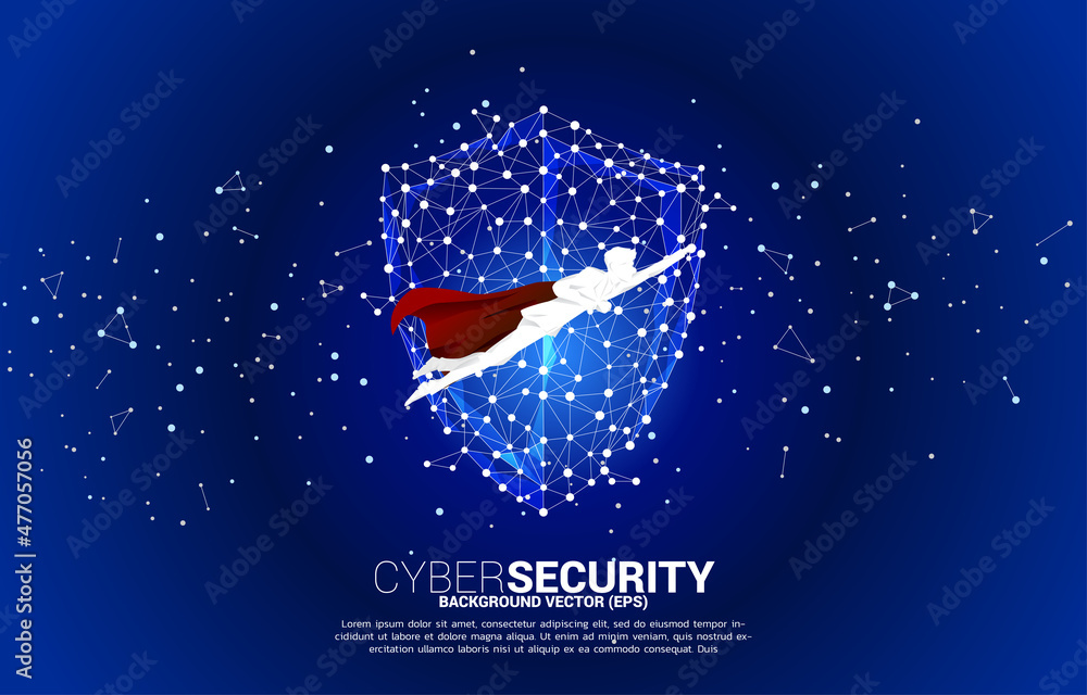 Poster silhouette of superhero fly with protection shield icon from dot connect line polygon network. conce