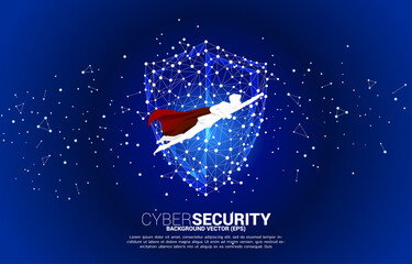 silhouette of superhero fly with Protection shield icon from dot connect line polygon network. concept of guard security and safety © Panithan