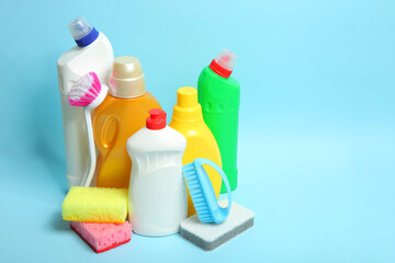 set of cleaning products on a colored background close-up with a place for text