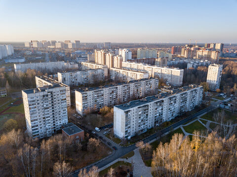 Aerial view of residential neighborhood on a sunny autumn day. Old and new buildings. City of Balashikha, Moscow oblast, Russia.
