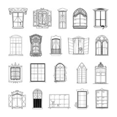 Collection of monochrome illustrations of windows in sketch style. Hand drawings in art ink style. Black and white graphics.