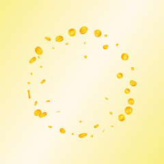 American dollar coins falling. Emotional scattered USD coins. USA money. Alive jackpot, wealth or success concept. Vector illustration.