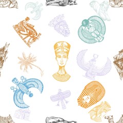 Seamless pattern of hand drawn sketch style Egyptian themed objects isolated on white background. Vector illustration. - 477059206