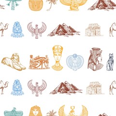 Seamless pattern of hand drawn sketch style Egyptian themed objects isolated on white background. Vector illustration.