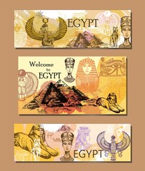 Set of hand drawn sketch style Egyptian themed posters. Vector illustration.
