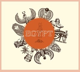 Poster card with hand drawn sketch style Egyptian themed objects. Vector illustration. - 477059212