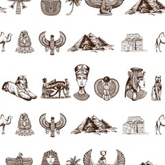 Seamless pattern of hand drawn sketch style Egyptian themed objects isolated on white background. Vector illustration.