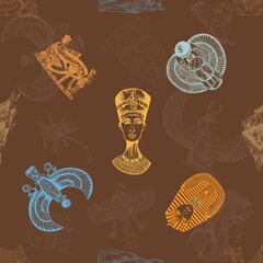 Seamless pattern of hand drawn sketch style Egyptian themed objects. Isolated vector illustration. - 477059218