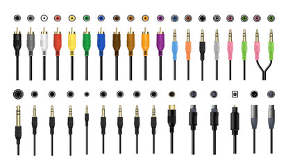 Collection of connectors and jacks for audio and video equipment. Detailed realistic illustrations. - obrazy, fototapety, plakaty