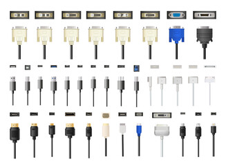 A collection of connectors and cables for computers, smartphones and other devices. Detailed realistic illustrations.