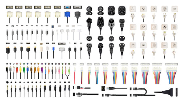 A collection of connectors, plugs, sockets, jacks and cables for different devices. Detailed realistic illustrations.