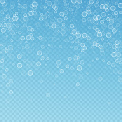 Soap bubbles abstract background. Blowing bubbles on transparent blue background. Astonishing soapy foam overlay template. Posh vector illustration.