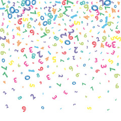 Falling colorful messy numbers. Math study concept with flying digits. Terrific back to school mathematics banner on white background. Falling numbers vector illustration.