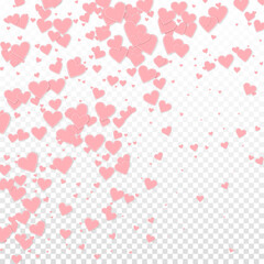 Pink heart love confettis. Valentine's day gradient unique background. Falling stitched paper hearts confetti on transparent background. Cute vector illustration.
