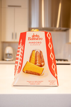 Calgary, Alberta - December 26, 2021: Panettone box in a modern white kitchen