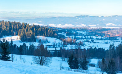 Evening view of winter landscape in the mountains of Poland, Bialka Tatrzanska.