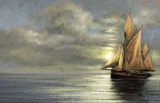 Fishing boats. Oil painting sea landscape. Fine art. Sea landscape paintings, fisherman, sailboat at sunset