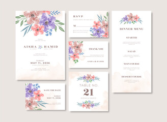 Fototapeta na wymiar Set of Romantic wedding stationery template with beautiful floral watercolor