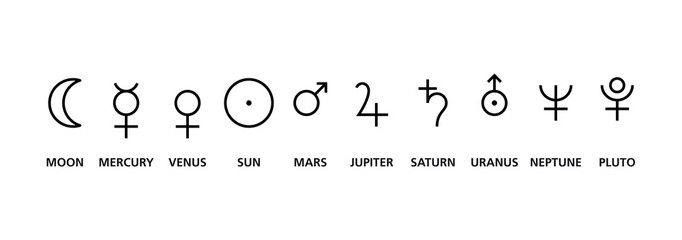 Symbols of the ten planets in astrology. Mercury, Venus, Mars, Jupiter and Saturn, the five planets visible to the naked eye. Sun and Moon, and the later discovered planets Uranus, Neptune and Pluto.