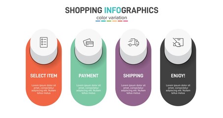 Concept of shopping process with 4 successive steps. Four colorful graphic elements. Timeline design for brochure, presentation, web site. Infographic design layout.