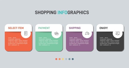Concept of shopping process with 4 successive steps. Four colorful graphic elements. Timeline design for brochure, presentation, web site. Infographic design layout.