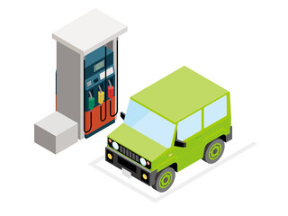 アイソメトリックス　3D立体イラスト　ガソリンスタンドGS給油機と給油中の自動車のイラスト　軽自動車　白バック