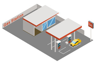 アイソメトリックス　3D立体イラスト　ガソリンスタンド全景GSと給油中の自動車のイラスト
