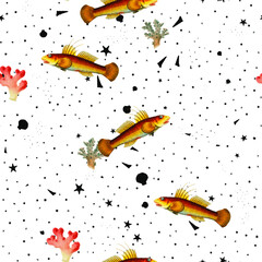 beautiful vintage repeated seamless pattern of fish, sea and ocean creatures