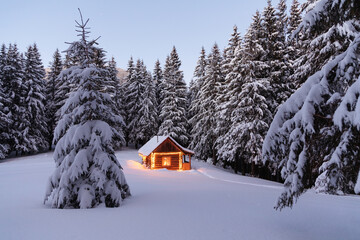 The lamps light up the house at the evening time. Winter landscape. Wooden hut on the lawn covered...