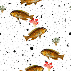 beautiful vintage repeated seamless pattern of fish, sea and ocean creatures