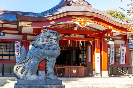 exterior of main shrine of hatagaoka hachiman shinto shrine and stone lion-dog statue in front of it - Powered by Adobe