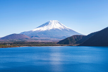 Fuji Mountain in Winter Blue Sky Day at Motosuko Lake, Japan
