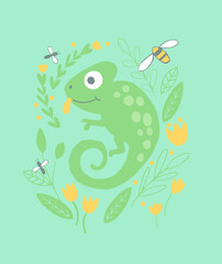 Cute chameleon T-shirt design for kids, vector illustration. Graphic design for baby and kids clothes. Can be used for baby t-shirt print, fashion print design, kids wear, poster, nursery wall art. © DeepPurple