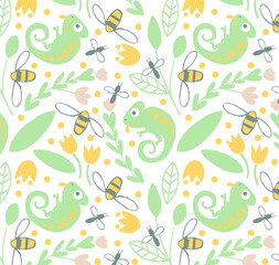 Obraz premium Cute Chameleon seamless pattern vector illustration for kids. Can be used for nursery wall decor, baby textile, baby bedding set, wrapping paper, packaging, wallpaper, baby clothes design.