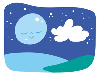 Campo con luna y cielo estrellado, field with moon and starry sky,