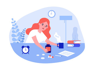 Tired or sick female employee or student taking pills. Exhausted girl with burnout syndrome flat vector illustration. Medicine, mental health, stress concept for banner, website design or landing page