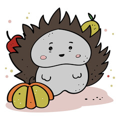Cute hedgehog with pumpkin carries apples and pears, illustration in cartoon style