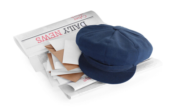 Postman hat, newspapers and mails on white background