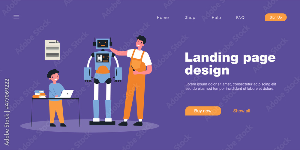 Poster happy father and son making robot together. man with screwdriver, child programming machine on lapto