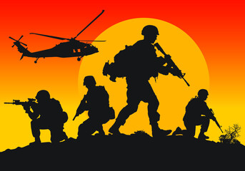 Fototapeta na wymiar Vector silhouettes of American soldiers in combat positions.