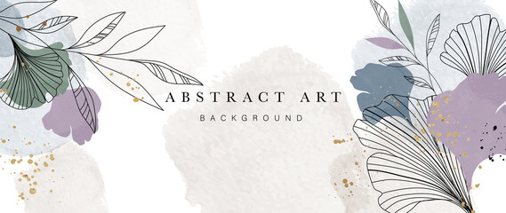 Fototapeta Abstract art botanical background vector. Luxury wallpaper design with women face, leaf, flower and tree  with earth tone watercolor and gold glitter. Minimal Design for text, packaging and prints. obraz