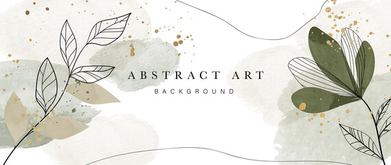 Abstract art botanical background vector. Luxury wallpaper design with women face, leaf, flower and tree  with earth tone watercolor and gold glitter. Minimal Design for text, packaging and prints. - obrazy, fototapety, plakaty