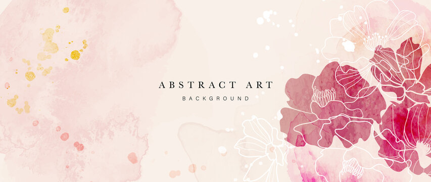 Abstract art botanical background vector. Luxury wallpaper design with women face, leaf, flower and tree  with earth tone watercolor and gold glitter. Minimal Design for text, packaging and prints.