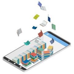 アイソメトリック スマートフォンに電子書籍を大量にダウンロードするイメージイラスト ベクター