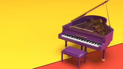 Purple-Gold Grand Piano on yellow-orange background. 3D illustration. 3D CG. 3D high quality rendering.