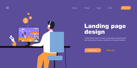 Cartoon guy streaming game he playing on computer. Flat vector illustration. Young man with headphones receiving money for broadcasting game on Internet. Online, streaming, game, Internet concept